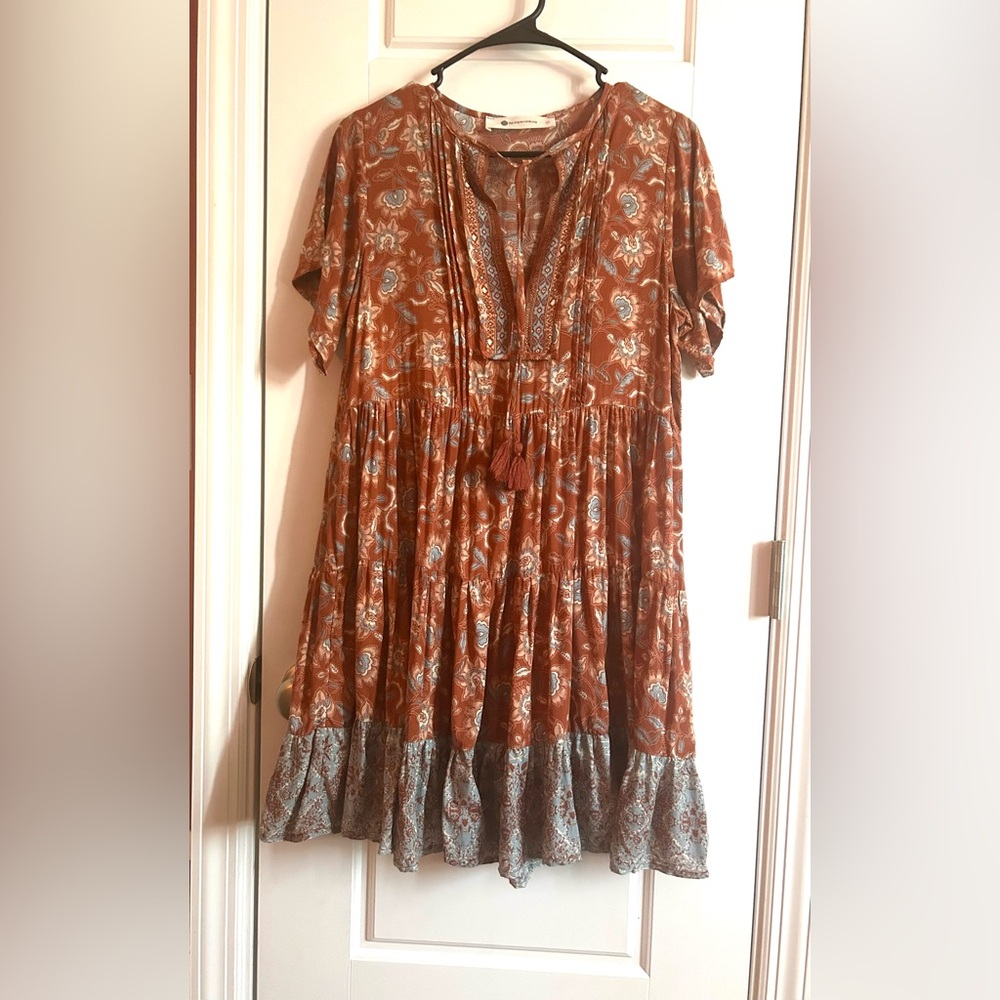 NWOT The Impeccable Pig Rust Floral Boho Tiered Mini Dress - Large